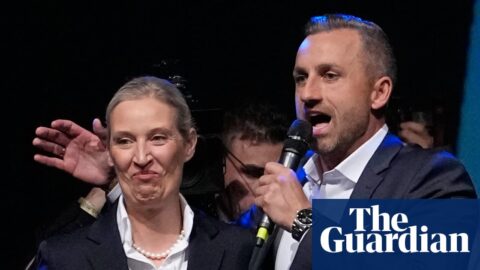 Lead Saxony Anhalt candidate Ulrich Siegmund, right, speaks beside party co-founder Alice Weidel at an election party on Sunday after the AfD was projected to win the state election.