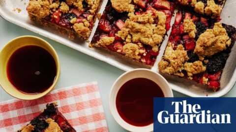 Brown butter apple and blackberry bars on a trap, with some in a lunchbox and some on a napkin, and drinks alongside