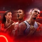 بازیکنان بسکتبال در پوستر بازی NBA 2K27 با پس‌زمینه قرمز