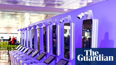 European entry-exit system kiosks with digital touchscreens and biometric scanners